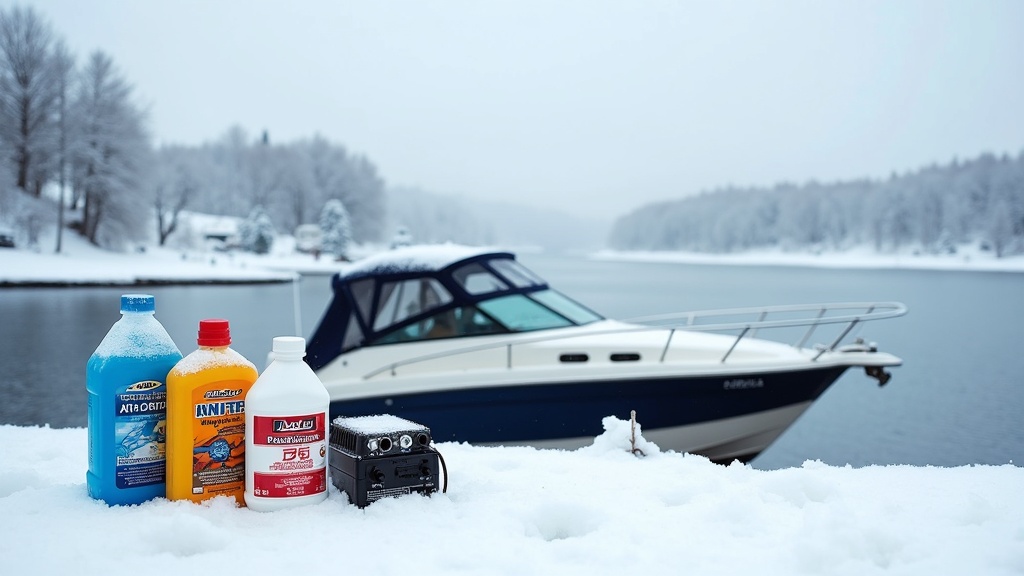 Motorboat docked by a snowy shoreline with winterizing supplies nearby
