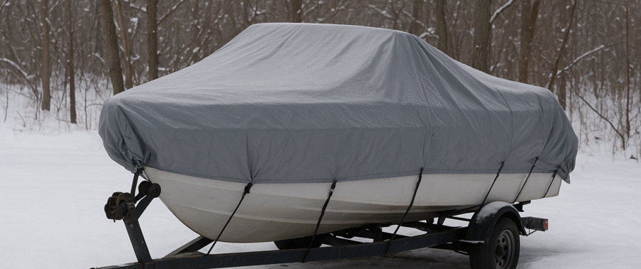 Covered boat in the middle of winter.