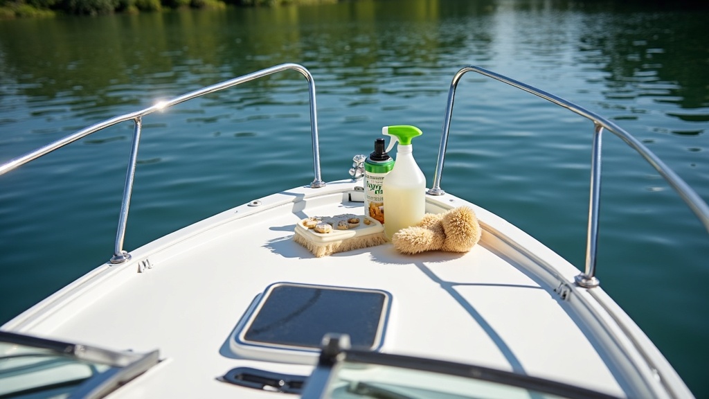 A sparkling clean boat docked beside a lake, with cleaning supplies, soft brushes, and eco-friendly cleaners on the deck. The water reflects the clear sky and nearby greenery.
